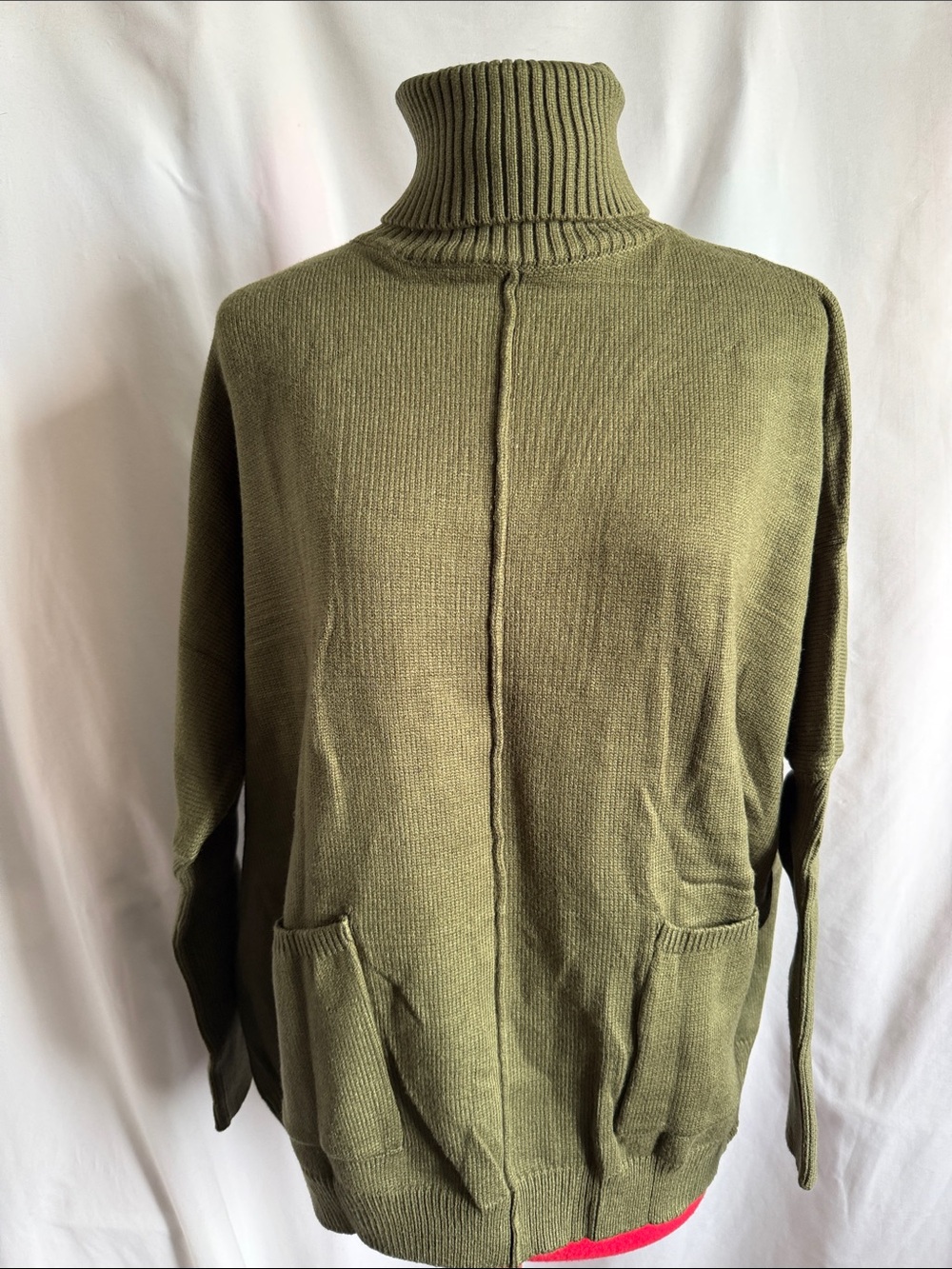Olive Green Women's Turtleneck Sweater with Front Pockets